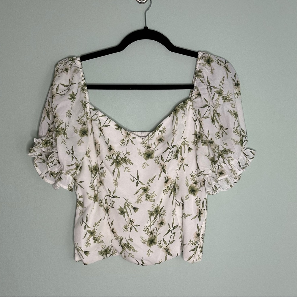 Abercrombie & Fitch Green & White Floral Puff Sleeve Top